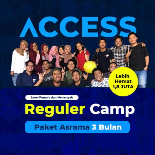ACCESS-ES - Paket Reguler Camp 3 Bulan dibagi menjadi 3 level yaitu Level 1, Level 2 dan Level 3. Untuk mengikuti paket ini, Kamu wajib melalui placement test terlebih dahulu untuk menentukan Level kelas yang sesuai dengan kebutuhan kamu. (sehingga dalam satu kelas kemampuan peserta akan merata). Paket Reguler Camp 3 Bulan memiliki 4x kelas/pertemuan yang wajib diikuti selama hari aktif (senin-jumat)