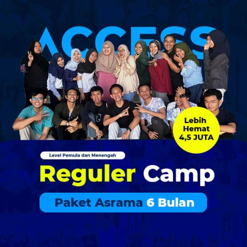 ACCESS-ES - Paket Reguler Camp 6 Bulan dibagi menjadi 3 level yaitu Level 1, Level 2 dan Level 3. Untuk mengikuti paket ini, Kamu wajib melalui placement test terlebih dahulu untuk menentukan Level kelas yang sesuai dengan kebutuhan kamu. (sehingga dalam satu kelas kemampuan peserta akan merata). Paket Reguler Camp 6 Bulan memiliki 4x kelas/pertemuan yang wajib diikuti selama hari aktif (senin-jumat)