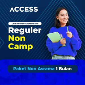 Paket Reguler Non Camp 1 Bulan memiliki 4x kelas/pertemuan yang wajib diikuti selama hari aktif (senin-jumat) Yang akan Kamu pelajari ketika mengikuti Paket Reguler Non Camp ACCESS-ES Kampung Inggris Pare sebagai berikut: Speaking (Level 1/Level 2/Level 3) Pronunciation (Level 1/Level 2/Level 3) Grammar (Level 1/Level 2/Level 3) Study Club