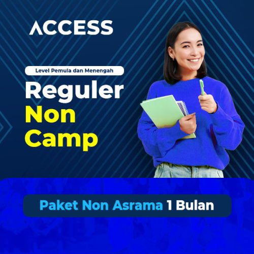 Paket Reguler Non Camp 1 Bulan memiliki 4x kelas/pertemuan yang wajib diikuti selama hari aktif (senin-jumat) Yang akan Kamu pelajari ketika mengikuti Paket Reguler Non Camp ACCESS-ES Kampung Inggris Pare sebagai berikut: Speaking (Level 1/Level 2/Level 3) Pronunciation (Level 1/Level 2/Level 3) Grammar (Level 1/Level 2/Level 3) Study Club