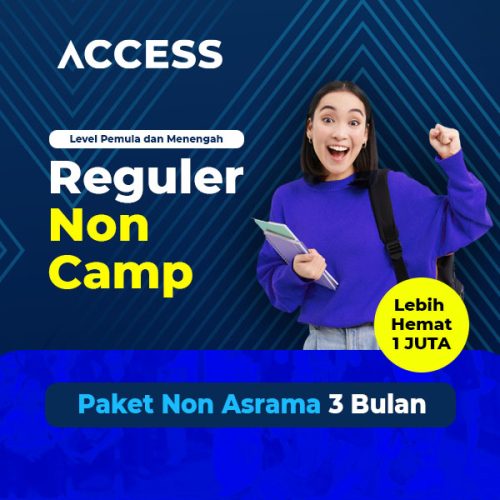 ACCESS-ES - Paket Reguler Non Camp 3 Bulan dibagi menjadi 3 level yaitu Level 1, Level 2 dan Level 3. Untuk mengikuti paket ini, Kamu wajib melalui placement test terlebih dahulu untuk menentukan Level kelas yang sesuai dengan kebutuhan kamu. (sehingga dalam satu kelas kemampuan peserta akan merata). Paket Reguler Non Camp 3 Bulan memiliki 4x kelas/pertemuan yang wajib diikuti selama hari aktif (senin-jumat)