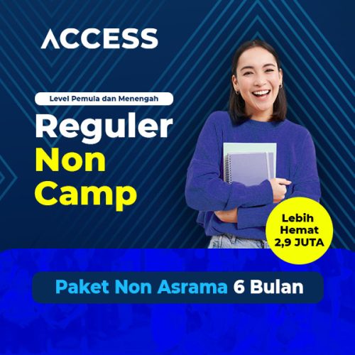 ACCESS-ES - Paket Reguler Non Camp 3 Bulan dibagi menjadi 3 level yaitu Level 1, Level 2 dan Level 3. Untuk mengikuti paket ini, Kamu wajib melalui placement test terlebih dahulu untuk menentukan Level kelas yang sesuai dengan kebutuhan kamu. (sehingga dalam satu kelas kemampuan peserta akan merata). Paket Reguler Non Camp 3 Bulan memiliki 4x kelas/pertemuan yang wajib diikuti selama hari aktif (senin-jumat)